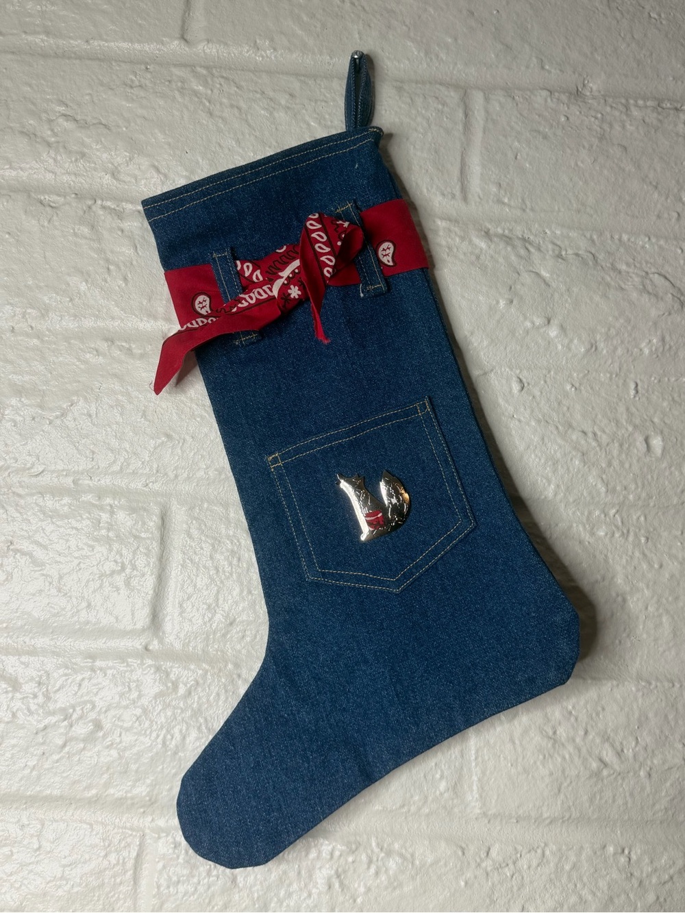 Handmade Stocking Southwestern Denim Bandana Coyote Accent Vintage